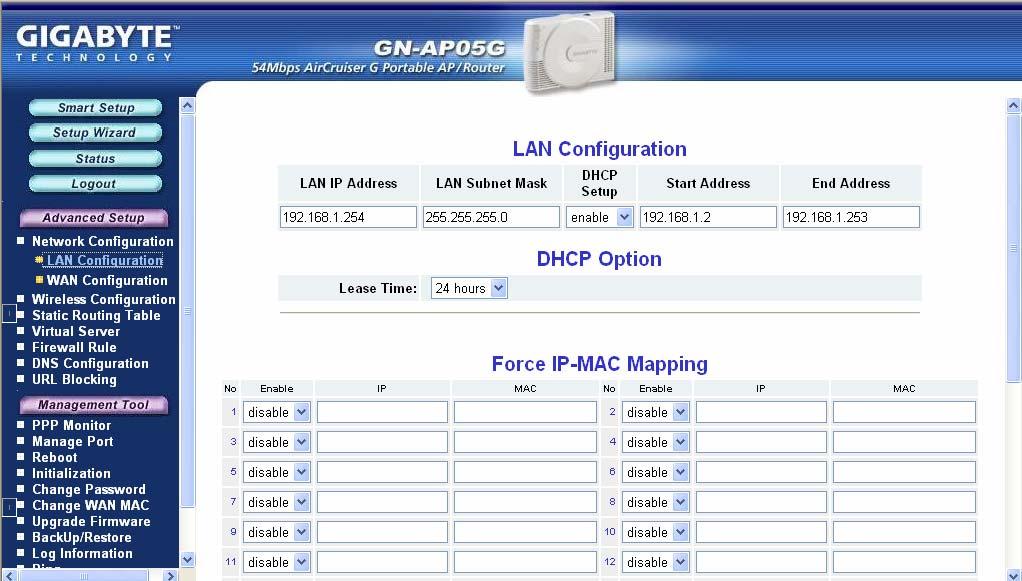 Configuration Utility Advanced Setup Network Configuration Screen The Network Configuration screen consists of two sub-areas: LAN Configuration (which also includes DHCP Options, and Forced IP-MAC