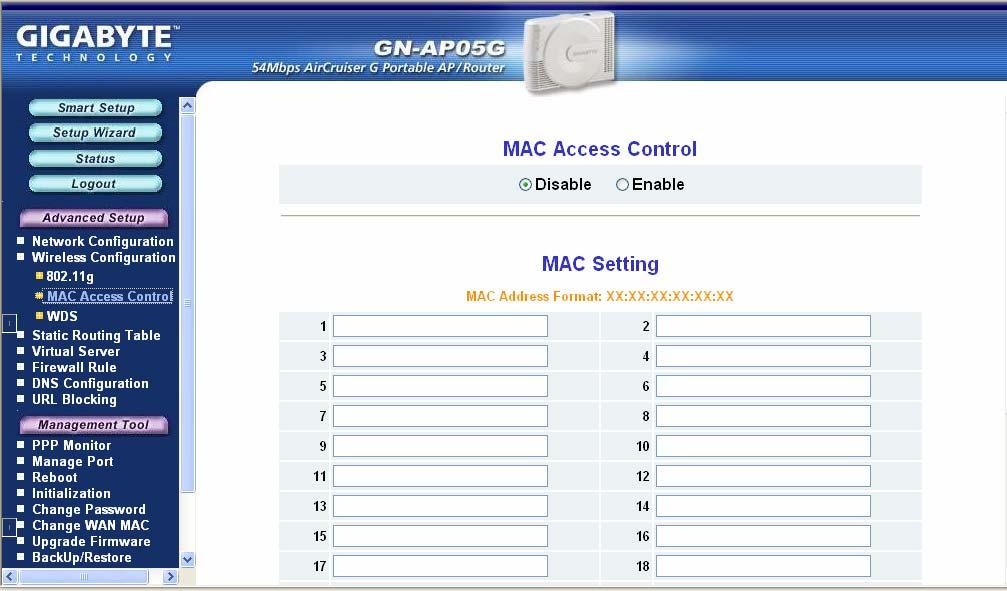 AirCruiser G Wireless Portable AP The MAC Access Control Tab The MAC Access Control screen allows you to specify the Media Access Controller (MAC) address of up to 32 devices on your network.