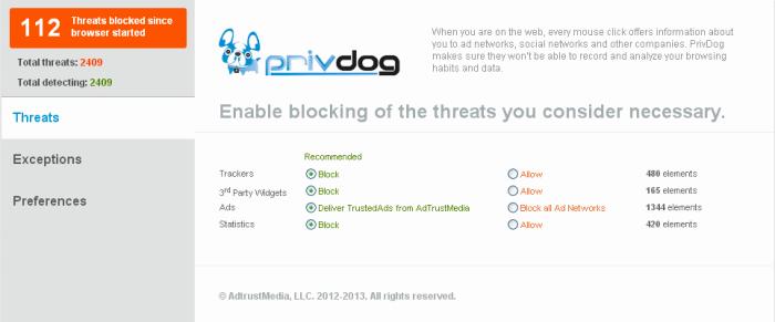The panel allows you to configure the settings for: Threats Exceptions Preferences Threats The page displays the number of elements at the far end of each item that PrivDog has detected so far in the