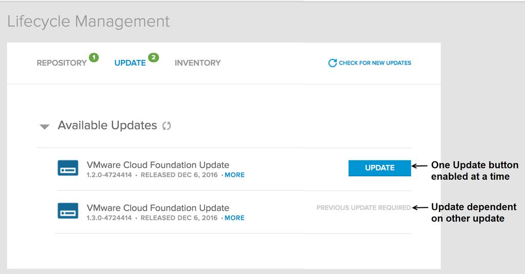 The UPDATE button is enabled only for one update at a time. Once you schedule a Cloud Foundation update, the UI allows you to schedule a VMware software update.