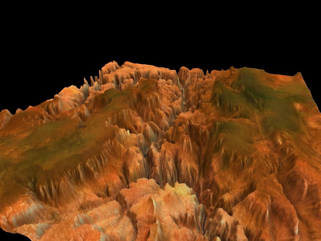 Figure No 7: These images show a textured mesh of parts of the Grand Canyon based on satellite altitude data with 66049 vertices.