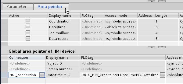 5 Configuration and Project Engineering 5.2 Variant 2: PLC (master) HMI operator panel (slave) No. 2. Selecting the area pointer Action In the Connections editor, select the Area pointer tab.
