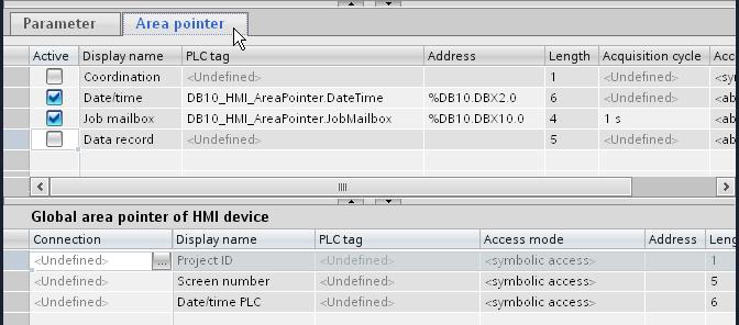 5 Configuration and Project Engineering 5.4 Variant 4: HMI operator panel (master) PLC (slave) No. 2. Selecting the area pointer Action In the Connections editor, select the Area pointer tab.