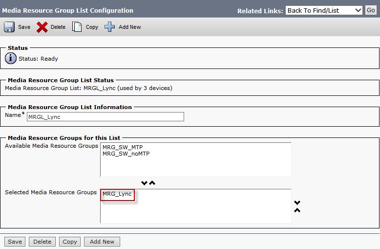 Media Resource Group List Configuration Navigation: Media Resources -> Media Resource Group List 1. Add New Media Resource Group List 2. Set Name: Enter name for this list 3.