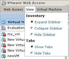 Virtual Infrastructure Web Access Administrator s Guide View Menu The virtual machine View menu lists options for managing inventory and tab views on the VI Web Access home page. Figure 3-5.