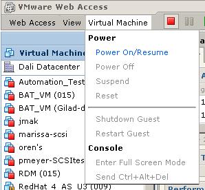 Chapter 3 Getting Started with Virtual Infrastructure Web Access Virtual Machine Menu The Virtual Machine menu lists options for managing the power state of a virtual machine and for viewing the