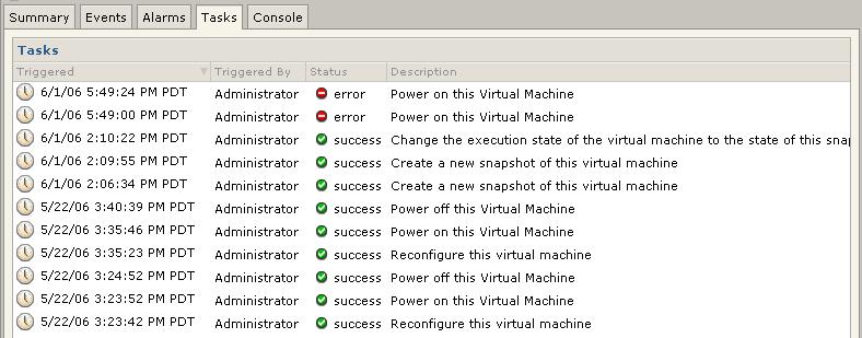 Virtual Infrastructure Web Access Administrator s Guide Viewing Virtual Machine Tasks If you are using VI Web Access to connect to a VirtualCenter Server, the Tasks tab is available when you select a