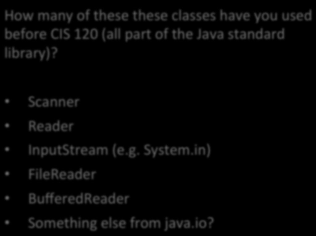 Poll How many of these these classes have you used before CIS 120 (all part of the Java standard