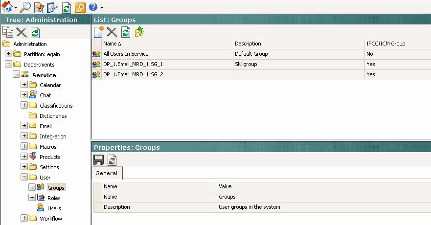 Under the appropriate department, click the User > Groups node in the Administration tree to verify that all skill groups,
