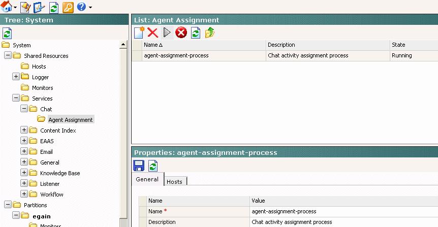2. Log in as the system administrator. 3. Browse to Shared Resource > Services > Chat > Agent Assignment and verify that the Agent Assignment process is running.