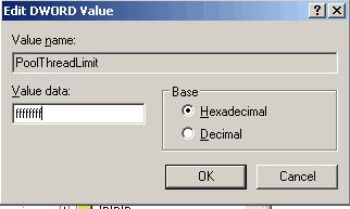 4. Go to Edit menu > New > DWORD Value. 5. Change the name of the new registry value that gets created to PoolThreadLimit. 6. Right-click PoolThreadLimit and select Modify. 7.