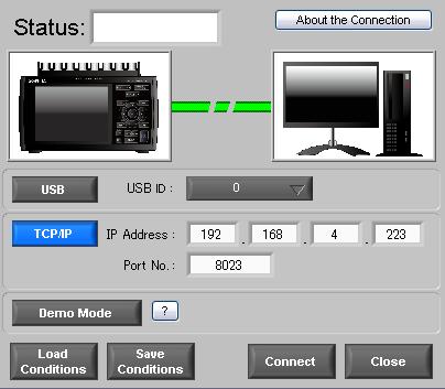 8. PC Connection Settings Configure the communication settings between GL900 and a PC. 111 222 333 444 555 1.Click the "Connect" button on the main menu to display the Connect screen. 2.Select the interface to connect.
