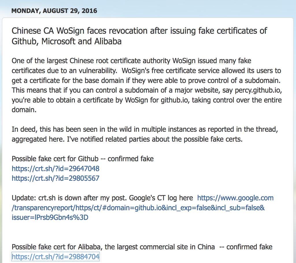 Chinese CA WoSign faces revocation after issuing fake certificates of Github, Microsoft and