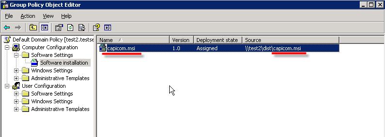 Click Open and Click Assigned, and then click OK. The package is listed in the right pane of the Group Policy window. See figure 3.13. Figure 3.13 capicom.