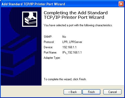 9. Press Finish to complete the settings and return to Add Printer Wizard. 10.