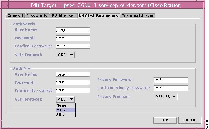 Defining the IPsec Network Elements Chapter 4 Figure 4-10 SNMPv3 Parameters Dialog Box Step 6 Step 7 Step 8 If appropriate, define the parameters for the AuthNoPriv security level. User Name.