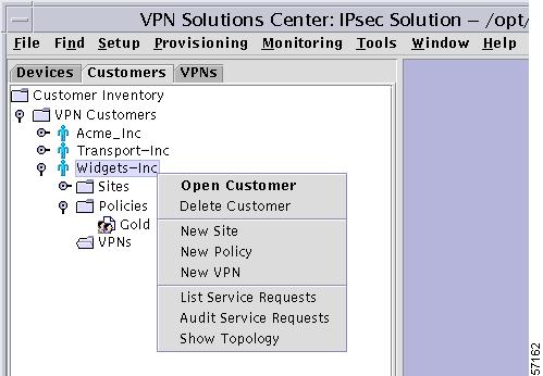 Defining a New IPsec VPN Customer Chapter 4 Figure 4-23 Customer Menu Step 3 From the Customer menu, choose New Site.