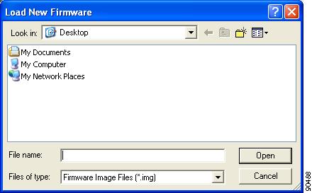 Resolved Caveats Figure 1 Load New Firmware Screen Step 13 Step 14 Step 15 Step 16 Find the location of the new firmware in the Look in box. Click the firmware image file (*.
