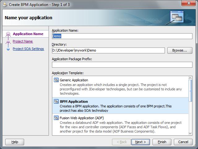 files (C:\JDeveloper\mywork). Select BPM Application in the Application Template panel.
