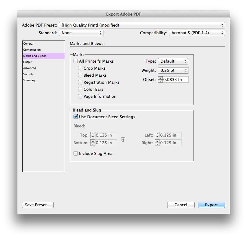 export options - Indesign export options - Marks In the "Marks and Bleeds" menu, uncheck "All Printer's Marks." UGS will add their own crop marks so you don't have to!