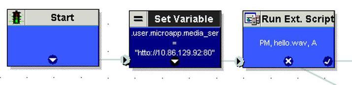Unified CVP Micro-Applications The following screen shot shows the Unified ICM script where Play Media micro-application plays a media file using a default media server configured in the Operations