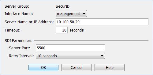 4. Select the appropriate interface from the Interface Name drop-down menu, enter the Server Name or IP Address of the primary RSA Authentication Manager server and click OK.