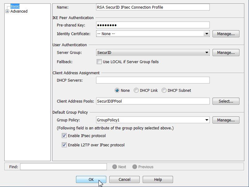 5. Choose a Name, Pre-shared Key, User Authentication - Server Group (SDI or RADIUS), Client Address Pool