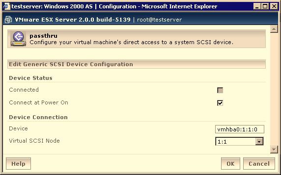 Chapter 3 Using the VMware Management Interface 5 Select the appropriate SCSI ID in the Virtual SCSI Node list. 6 Click OK to add the device.