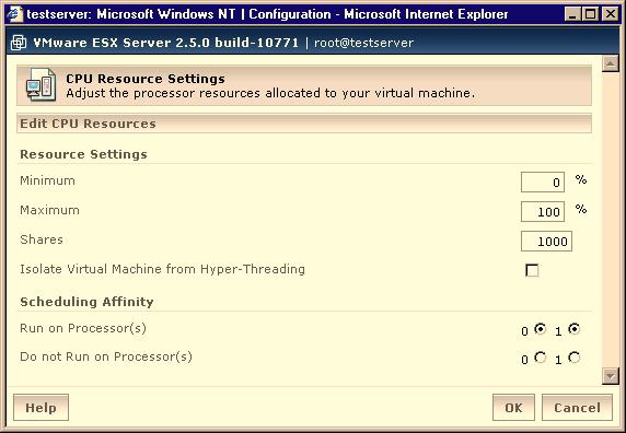 Chapter 12 VMware ESX Server Resource Management 2 Click the CPU tab. 3 Click Edit. The CPU Resource Settings dialog box appears. 4 Enter the settings you want, and click OK.
