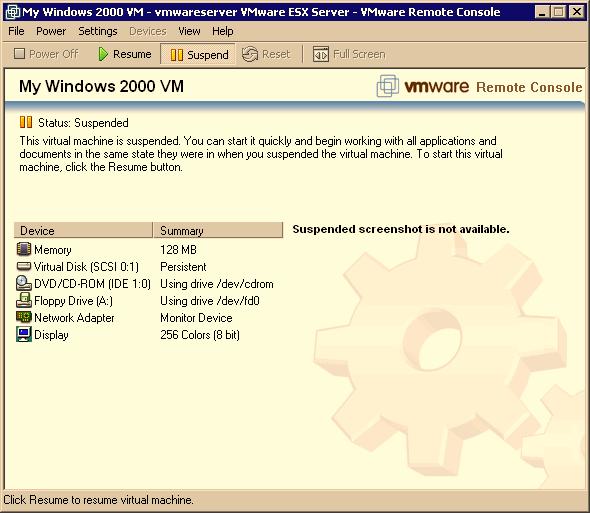 Figure 4-8. Virtual machine suspended You can restore a suspended virtual machine in two ways:! With a remote console connected to that virtual machine, click Resume on the toolbar.