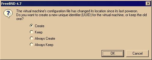 Figure 2-2. UUID dialog box This dialog box has four options:! If you moved this virtual machine, you can keep the UUID. Select Keep and click OK to continue powering on the virtual machine.
