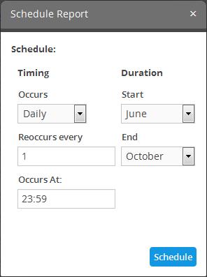 The 'Timing' section allows you to define the frequency for report generation. Occurs - Select the period for report generation from the drop-down.