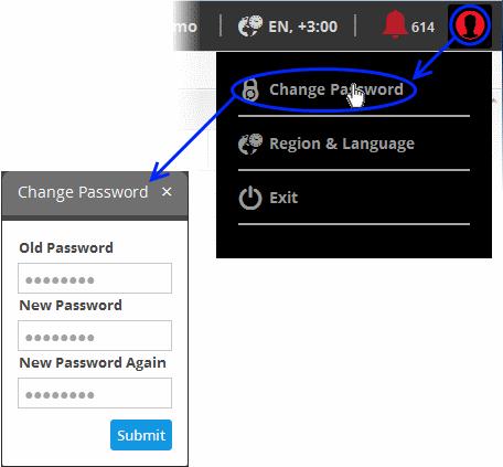 Changing Password and Language Settings The administrator can change their location and language settings and login password by clicking the user icon displayed at the right end of the title bar.
