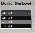 2. Monitor Dim Level: Selects the dim level that will be applied on the Main Volume outs whenever the Dim button is pressed on the front panel of the Eclipse 384 or the footswitch is pressed when