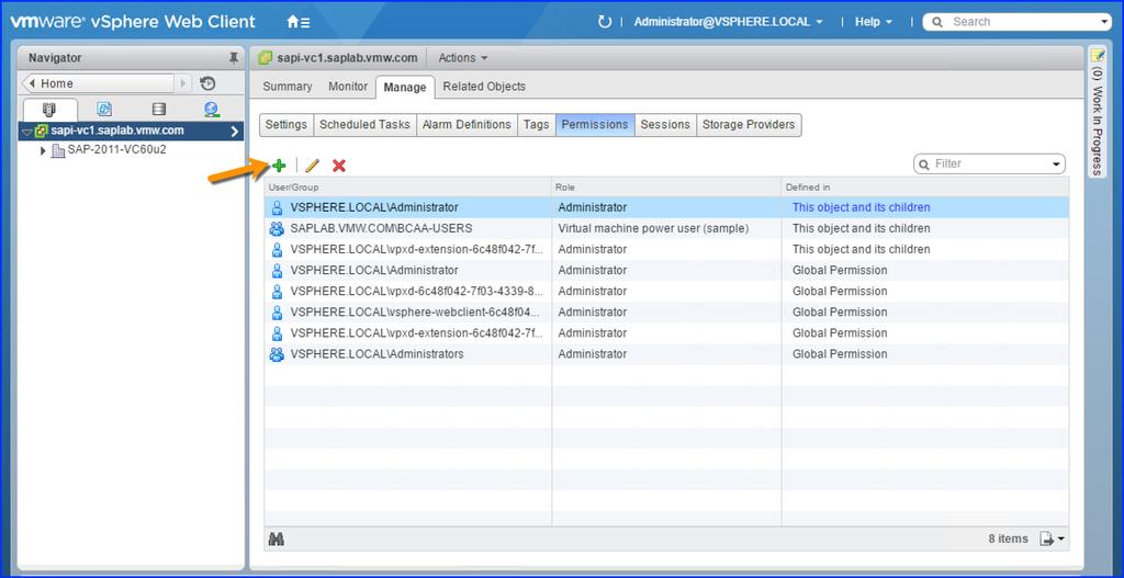 VMware Adapter for SAP Landscape Management Installation Configuration and Administration Guide for VI Administrators 4 Click Manage, and then click Permissions.