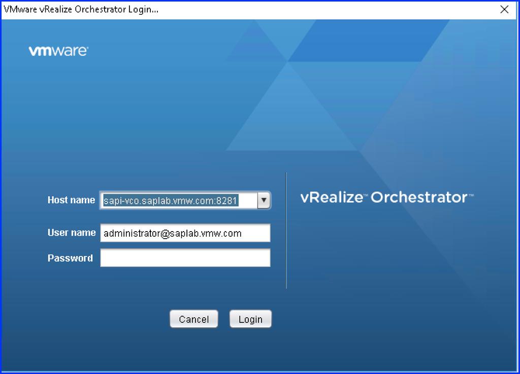 Chapter 3 Performing a Fresh Install / Upgrade of VLA and Configuration Figure 3 72. VMware vrealize Orchestrator Login Type in the password and Click Login tab.