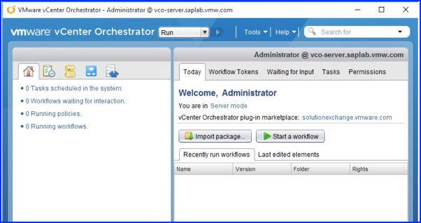 VMware Adapter for SAP Landscape Management Installation Configuration and Administration Guide for VI Administrators 5 After you have successfully logged in, VMware vrealize Orchestrator displays