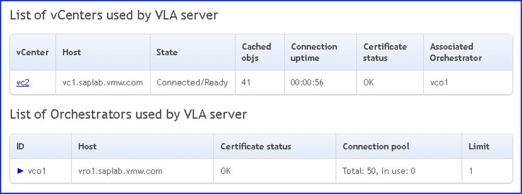 Chapter 3 Performing a Fresh Install / Upgrade of VLA and Configuration 7 For each additional vcenter Server repeat steps 3 through 6 in this section. Confirm Connection Status Figure 3 111.