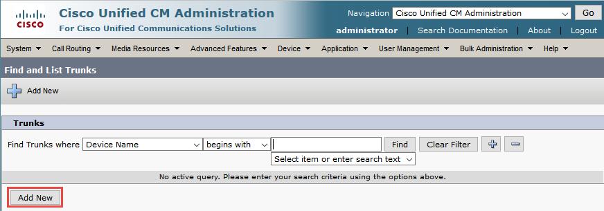 Open Cisco Unified CM Administration and navigate to Devices Trunk Add New Figure 8 Add a new SIP Trunk to FAX gateway Click on Add New button and select the Trunk Type
