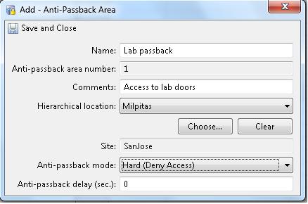 Creating Anti-Passback Areas Chapter 11 Figure 11-6 Anti-Passback Areas Detail Window Step 3 Click Save and Close to save the settings and close the detail window.