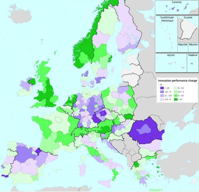 EU Innovation Gap Performance Change 2011 2017 Performance increased in all green coloured regions Performance has