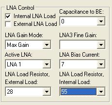 Internal/External LNA load tick boxes use internal. Capacitance to BE leave as default (0) LNA Gain Mode selects LNA gain, Max, Mid and Bypass.