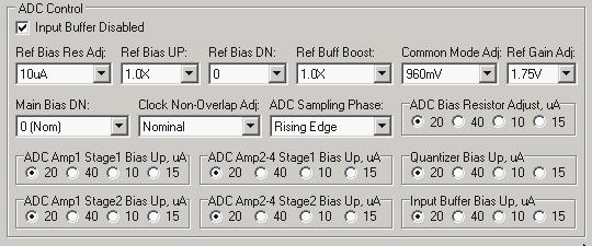 Figure 51 ADC/DAC Reference control default settings ADC Control Use default settings with following exceptions: Ref Bias Res Adj = 10uA (minimizes ADC noise) Common mode Adj