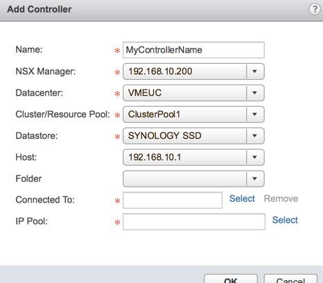 2. In the NSX Controller nodes section, click the Add icon and configure the controller. Name Give the NSX controller a friendly name for identification purposes.