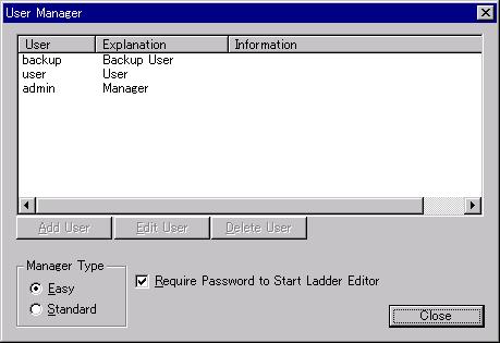 $ Select [Option] [Access Control] [User Manager], and the [User Manager] dialog box appears as shown in Fig. 25-1. Fig. 25-1 [User Manager] Dialog Box [Add User] button: Adds a new user. Refer to 25.