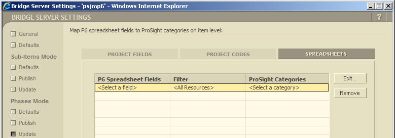 To map the P6 Spreadsheets Fields to Primavera Portfolio Management Categories: 1 On the Spreadsheets tab, select a field, such as ActualCost, from the P6 Spreadsheet Fields dropdown list, as shown