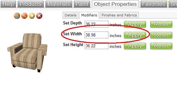 picture of the selected product. To change the dimensions of a product, click on the Modifiers tab.