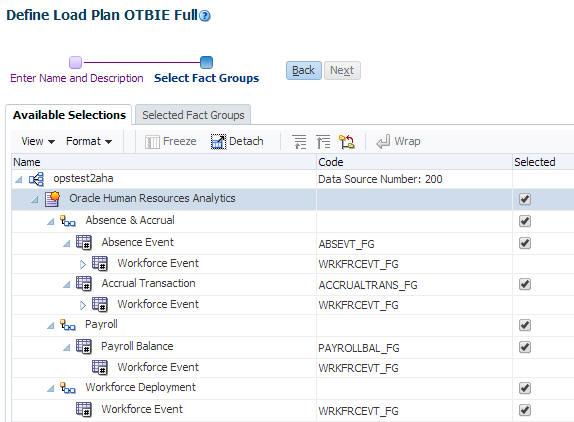 e. Select the source instance from which the fact groups will be selected. f. Click Next to display the second page of the Define Load Plan series. g. In the Available Selections tab, select the fact group(s) to include in the load plan definition.