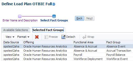 h. Click the Selected Fact Groups tab and confirm that the fact groups are visible. i. Click the Save button in the bottom right corner to save the load plan.