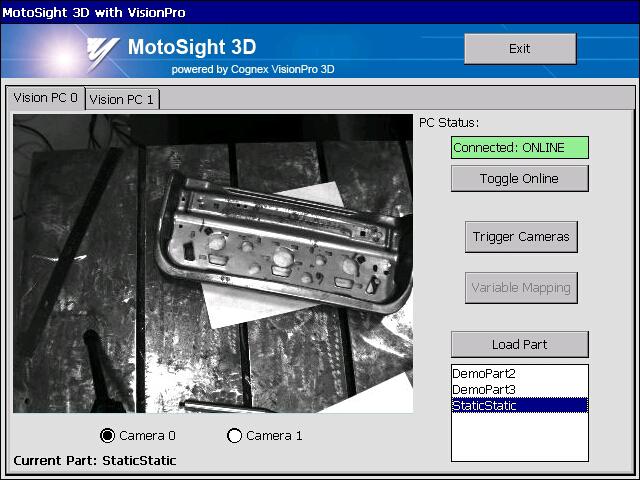 4 MotoSight 3D VisionPro Application MotoSight 3D VisionPro 4.4 Pendant Application: The tabs across the top can be used to switch between Vision PC 0 and Vision PC 1.